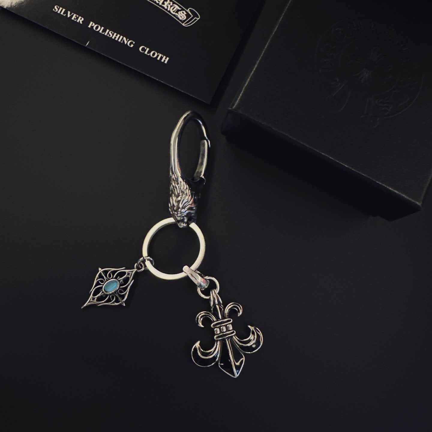 Chrome Hearts Silver Keychain with Fleur-de-lis and Gemstone